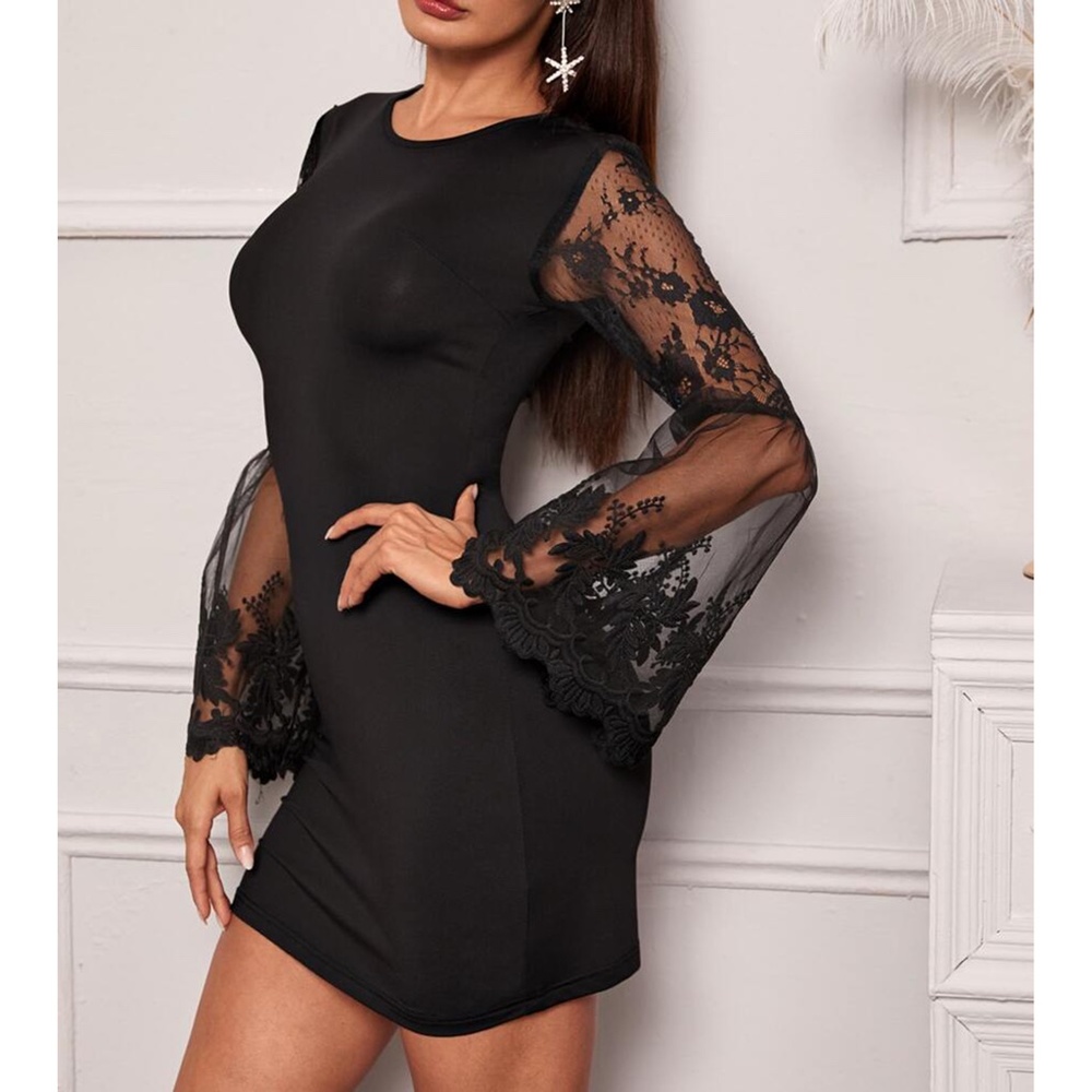 Black Mesh Lace Sleeves Bodycon Party Dress - Picture 4 of 6